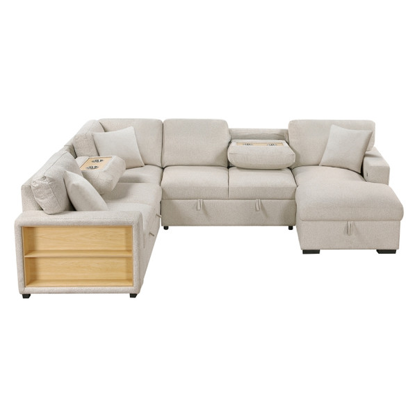 Sectional with Right Chaise, Pull-out Bed, Hidden Storages and Shelves, Charging Ports