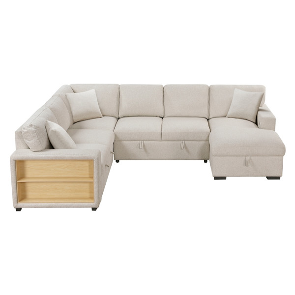 Sectional with Right Chaise, Pull-out Bed, Hidden Storages and Shelves, Charging Ports