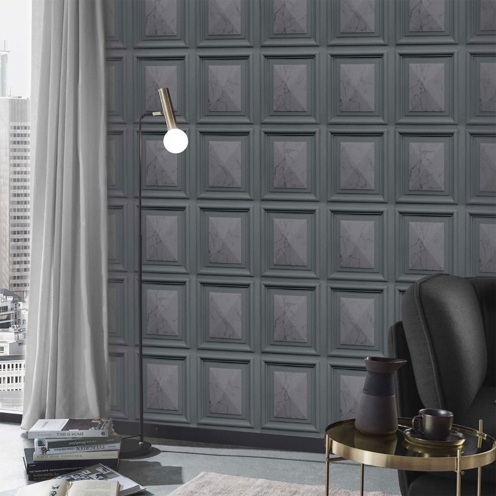 Erismann Marbled Wood Panel Wallpaper 631947 Black