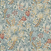 Morris & Co Golden Lily Slate Manilla wallpaper showing detailed botanical pattern with large lily flowers and flowing foliage in classic William Morris design