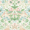 Morris & Co Simply Strawberry Thief Cochineal Pink wallpaper showing birds, strawberries and flowing foliage in soft pastel tones