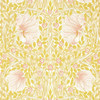 Morris & Co Pimpernel Sunflower Pink wallpaper showing flowing pimpernel flowers and intricate botanical foliage in yellow and pink tones