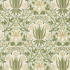 Morris & Co Iris & Rose Wallpaper 217567 Bayleaf Weld showing ornamental floral pattern with iris, roses and shield motifs in green and yellow tones