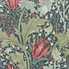 Morris & Co Lent Lily Wallpaper 217595 Indigo Madder showing bold floral pattern with tulip motifs, acanthus leaves and small flowers on a dark blue background