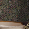 Close-up of Vendura Weave Wallpaper in Black and Damson Leaf Design