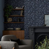 Archivistâs Leaf Navy Wallpaper Styled in Living Room Interior