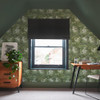 Benmore Ridge Sage Fog Wallpaper Styled in Bedroom Interior