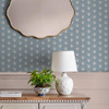 Laura Ashley Semington Floral Geo Newport Blue wallpaper styled in a classic interior