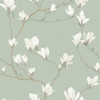 Laura Ashley Magnolia Grove wallpaper with white magnolia flowers on soft eau de nil green background