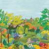 Castle Garden scenic mural wallpaper by Little Greene in Pale Lime, cropped design detail showing garden planting and landscape