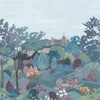Square cropped swatch of Little Greene Castle Garden wallpaper mural in Tea with Florence, showing part of the illustrated garden scene in soft teal and blue-green tones