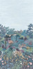 Full-height view of the Little Greene Castle Garden wallpaper mural in Tea with Florence, depicting layered planting, garden paths, trees, and distant buildings beneath a pale sky