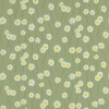 Swatch image of Little Greene Moon Daisies wallpaper in Garden, showing white daisies with yellow centres scattered over a warm green background