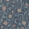 May’s Tulip wallpaper by Little Greene in Hicks’ Blue, showing flowing tulip flowers and foliage in soft blue-grey with coral accents on a deep blue background.