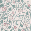 May’s Tulip wallpaper by Little Greene in the Joanna colourway, showing stylised tulip flowers and flowing foliage in soft green and pink on a pale blush background.