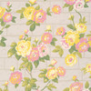 Little Greene Rose Garden wallpaper in Portland Stone, featuring yellow and blush pink roses with soft green foliage over a pale brick-effect background.