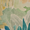 Close-up detail of Harlequin Saltillo Grounded Succulent Haze wallpaper showing textured painted leaves and cacti in green and blue tones.