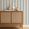 Scion Central Stripe Cornflower wallpaper used behind a rattan-front cabinet, highlighting classic blue stripe pattern.