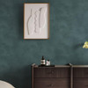 Made Shae Teal Limewash wallpaper in bedroom with dark wood furniture and minimalist decor.
