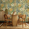 Holden Decor Grand Floral gold wallpaper dining room feature wall with botanical floral design and wooden furniture