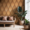Galerie metallic stripe wallpaper living room feature wall with plants styling