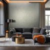 blue and gold floral wallpaper feature wall with sofa and modern living room styling