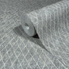 grey wallpaper roll with diamond trellis pattern showing textured finish and soft neutral tone