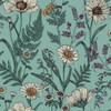 blue floral wallpaper with wild meadow flowers, grasses and botanical pattern