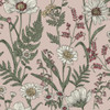 blush pink floral wallpaper with wild meadow flowers, grasses and detailed botanical pattern