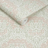 wallpaper roll showing michaelmas daisy pattern with soft green foliage and pink flowers