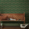 green floral wallpaper feature wall with wooden bench and warm interior styling