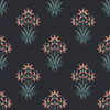 midnight blue wallpaper with repeating hyacinth flower motif in pink and green tones