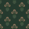 forest green wallpaper with repeating hyacinth flower motif in soft pink and green tones