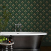 forest green floral wallpaper in bathroom with freestanding bath and classic interior details