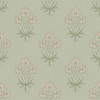sage green wallpaper with repeating hyacinth flower motif in peony pink and soft neutral tones