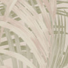 close up of palm leaf wallpaper showing layered brushstroke effect in green and blush tones