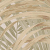 close up of palm leaf wallpaper showing layered brushstroke effect in sage and gold tones