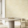 traditional damask wallpaper feature wall with round table and modern interior styling