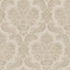 beige damask wallpaper with ornate floral pattern in warm neutral tones