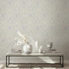 floral damask wallpaper feature wall with console table and neutral decor