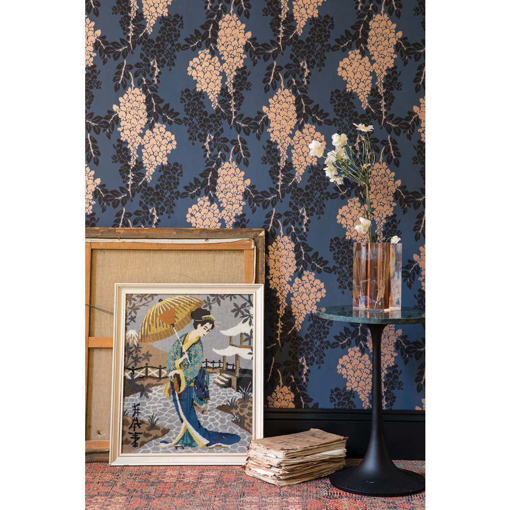 Farrow & Ball Wisteria Wallpaper BP 2223 Stiffkey Blue / Metallic Copper