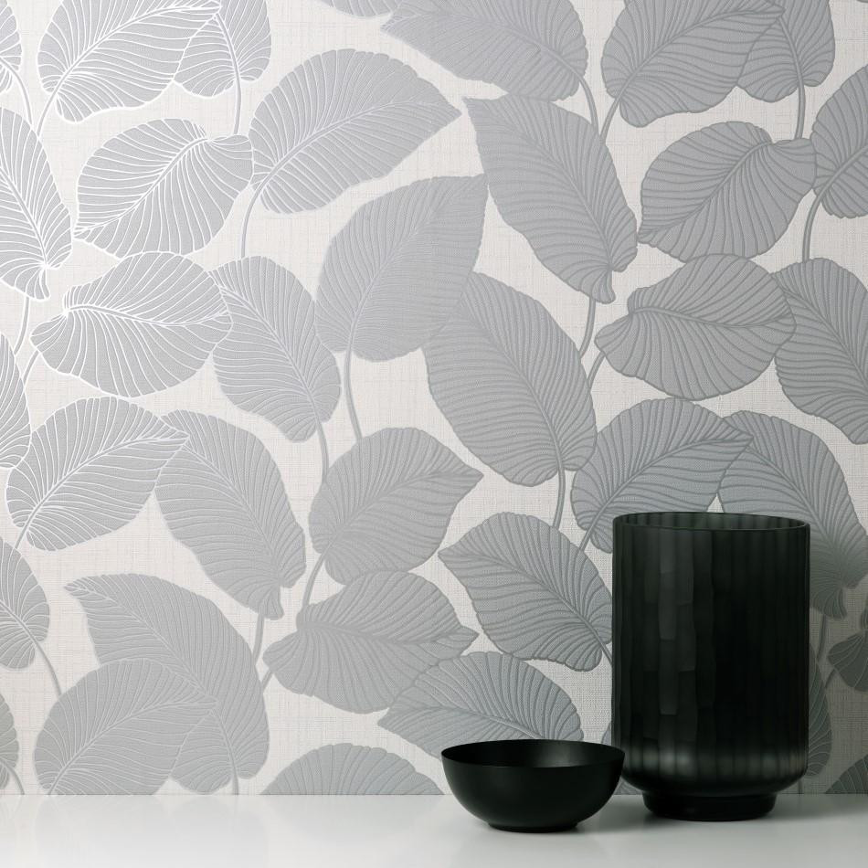 Fine Decor Larson Leaf Wallpaper FD42821 Grey / Silver
