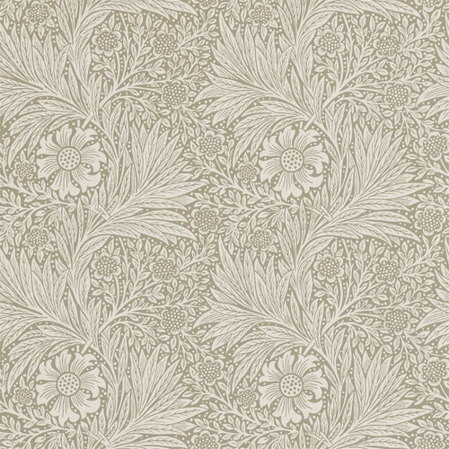 Morris & Co Marigold Linen wallpaper showing flowing marigold flowers and delicate foliage in soft neutral tones inspired by William Morris design