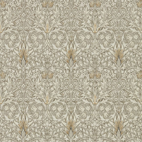 Morris & Co Snakeshead Stone Cream wallpaper showing clusters of snakeshead fritillary flowers with flowing botanical foliage in neutral tones