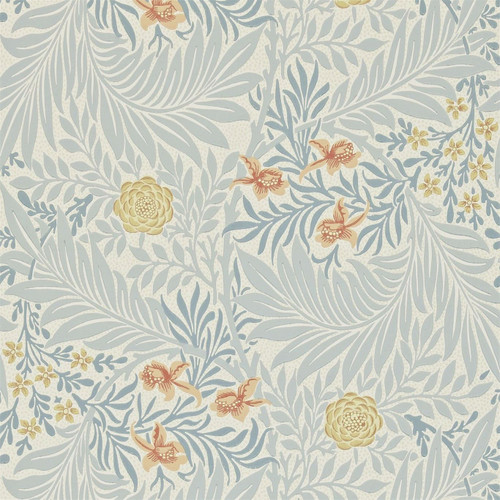Morris & Co Larkspur Wallpaper 212556 Slate Russet showing delicate floral pattern with spiralling leaves and small dotted background