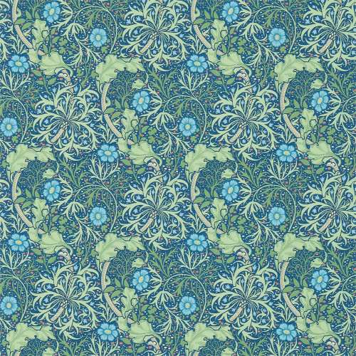 Morris & Co Seaweed Wallpaper 214713 Cobalt Thyme showing flowing botanical pattern with curling foliage inspired by underwater plants