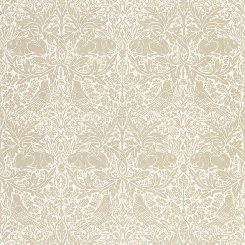 Morris & Co Pure Brer Rabbit Wallpaper 216531 Linen featuring birds and rabbits within intricate foliage in soft neutral tones