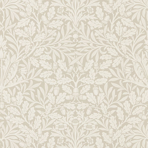 Morris & Co Pure Acorn Linen Ecru wallpaper showing delicate oak leaves and acorn motifs in soft neutral tones inspired by William Morris design