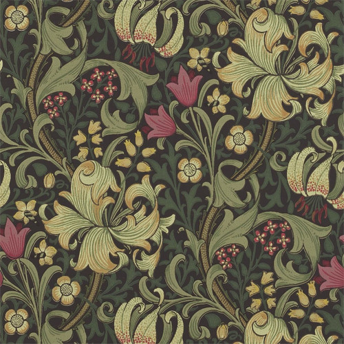 Morris & Co Golden Lily Charcoal Olive wallpaper showing large lily flowers with flowing foliage and rich botanical detailing on dark background