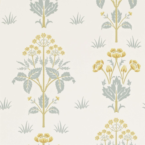 Morris & Co Meadow Sweet Gold Slate wallpaper showing stylised meadow sweet flowers with gold accents and slate blue foliage in repeating botanical pattern